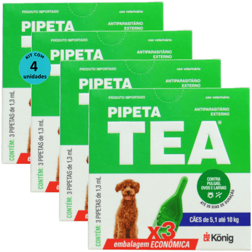 Pipeta Tea 1,3 ml Antiparasitário Contra Pulgas P/ Cães de 5,1 até 10 Kg C/ 3 unid. Kit C/ 4 Cxs Pipeta Tea 1,3 ml Antiparasitário Contra Pulgas P/ Cães de 5,1 até 10 Kg C/ 3 unid. Kit C/ 4 Cxs